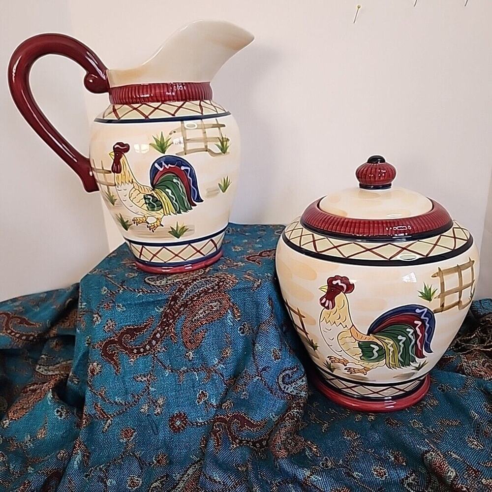 Vintage Heartfelt Kitchen Rooster Pitcher & Cookie Jar Set